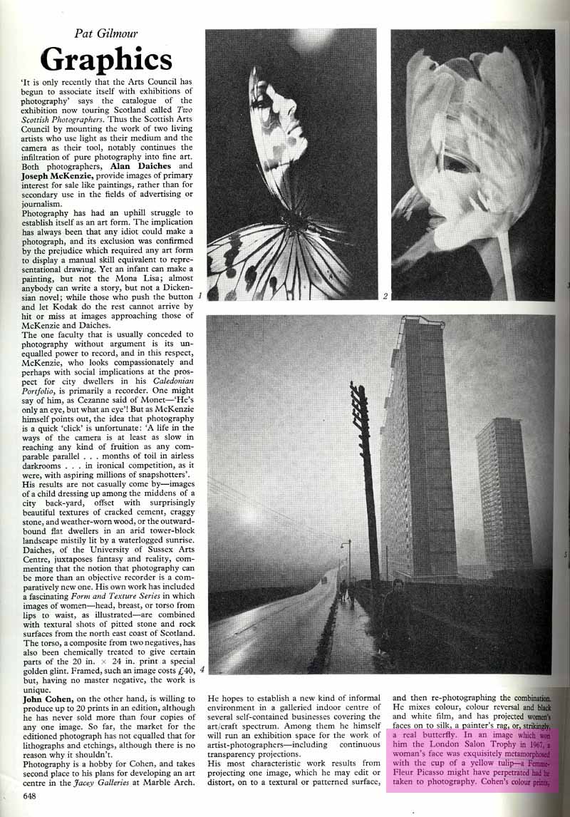 Arts Review, 11th October 1969,  Vol XXI  No 20, Compares John Neville Cohen with Picasso