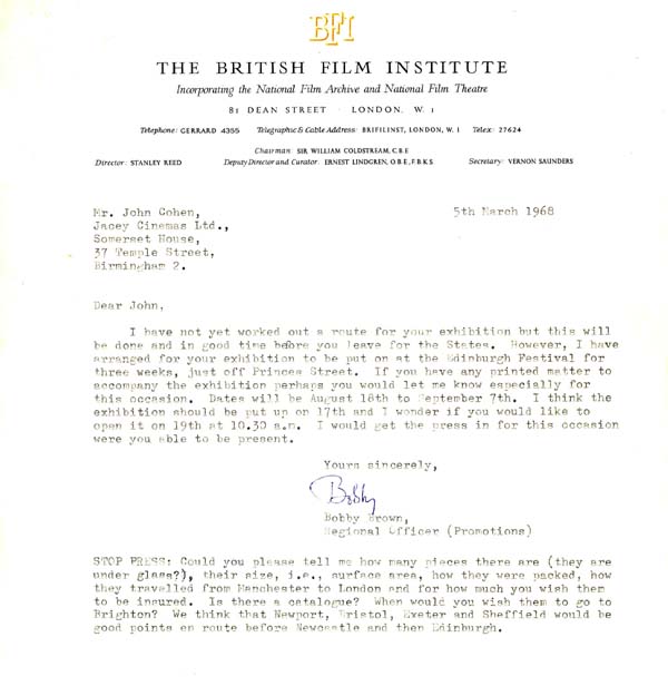 Letter from Bobby Brown, British Film Institute about the Edinburgh Festival 1968 and the travelling exhibition, 5th March 1968
