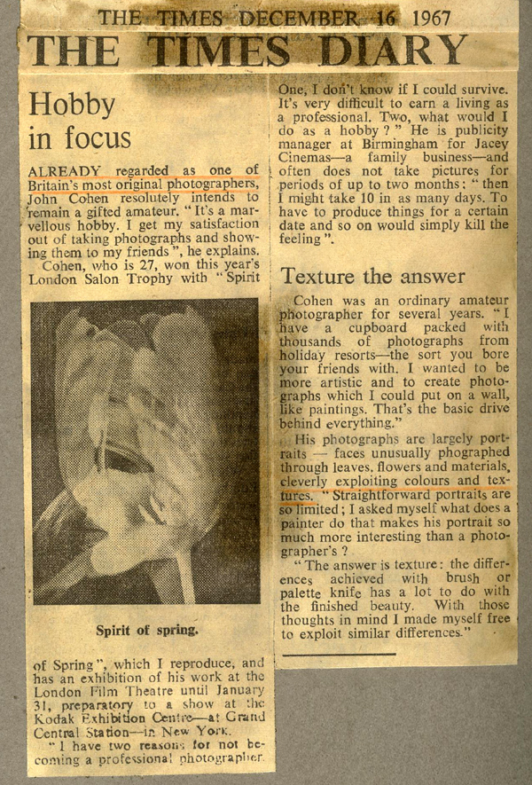 'The Times' Newspaper, The Times Diary - 16th December 1967. About John Neville Cohen winning The London Salon Trophy.