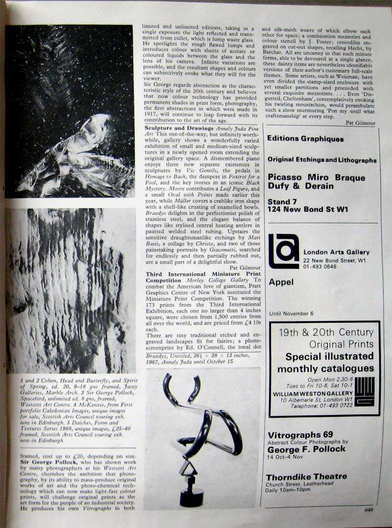 Arts Review, 11th October 1969,  Vol XXI  No 20, John Neville Cohen's Gallery includes works by Sir George Pollock