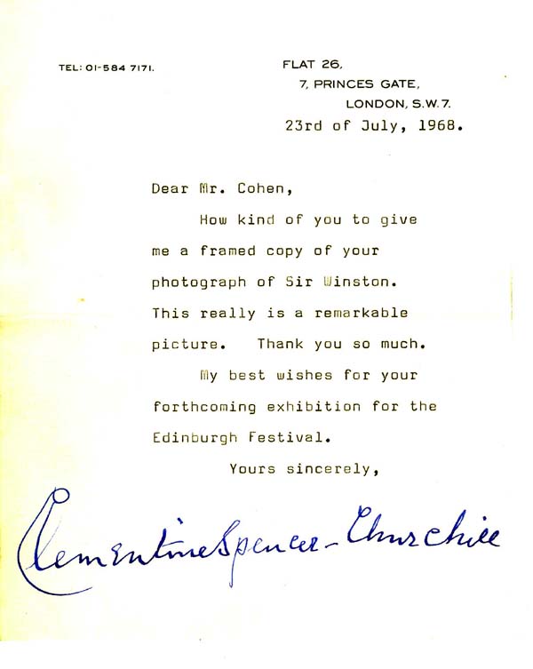 Letter to John Neville Cohen from Lady Clementine Spencer Churchill sending her best wishes for the Edinburgh Festival, 23rd July 1968