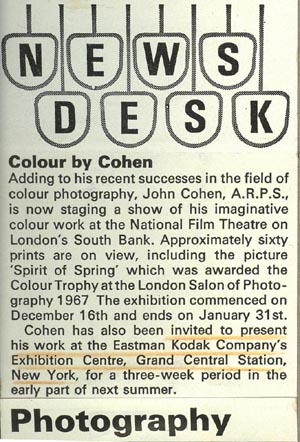 Photography Magazine, News Desk, reporting about John Neville Cohen's exhibition successes 