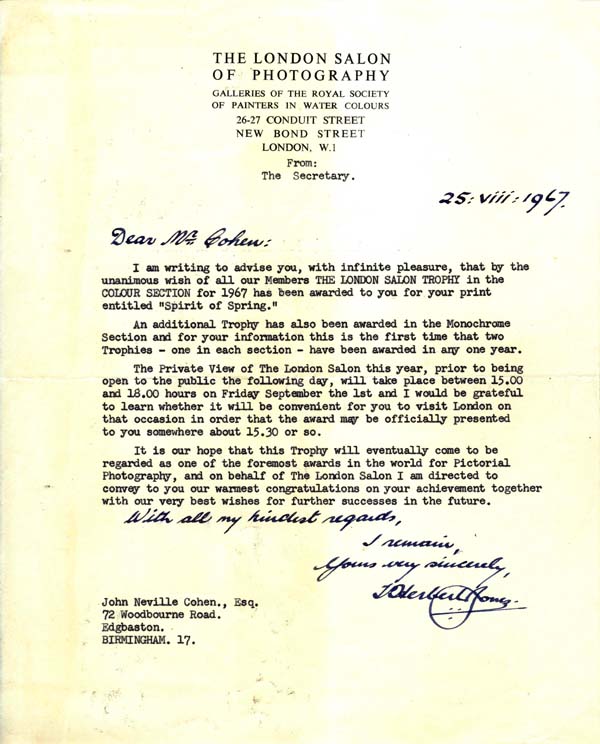 Letter from The London Salon about the presentation of The London Salon Trophy Award, 25th August 1967