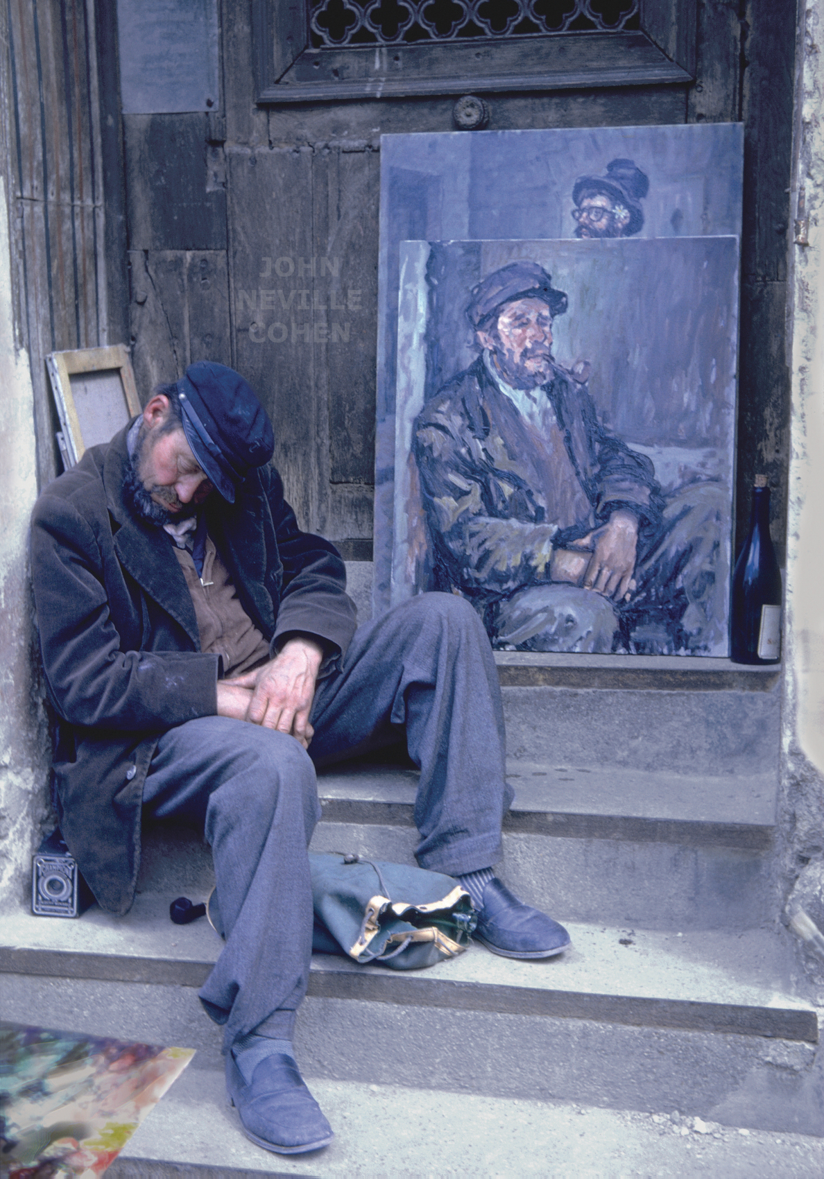 John Neville Cohen, Montmartre 4, Man, Tramp, Paintings, Blue, Beige